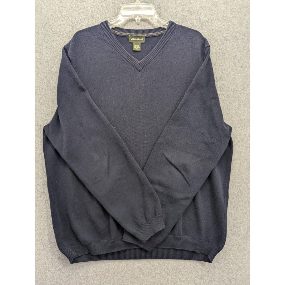Eddie Bauer Sweater Mens XLT Blue Solid V Neck Cotton Nylon Knit Pullover